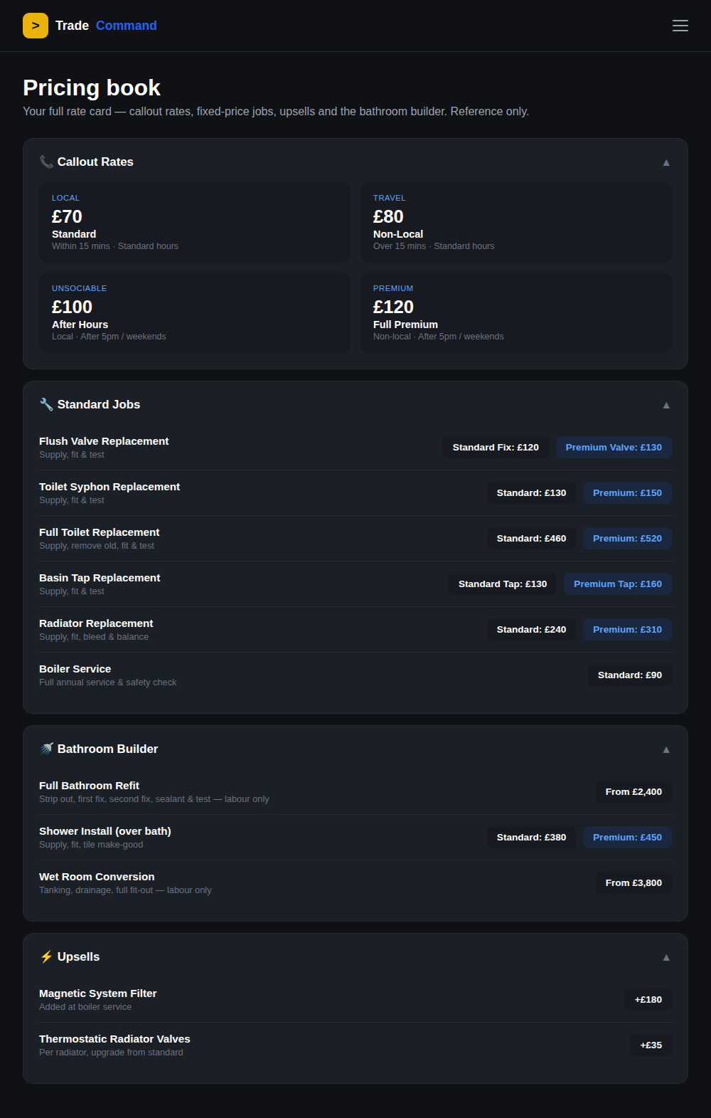 Pricing book showing callout rates and standard job prices