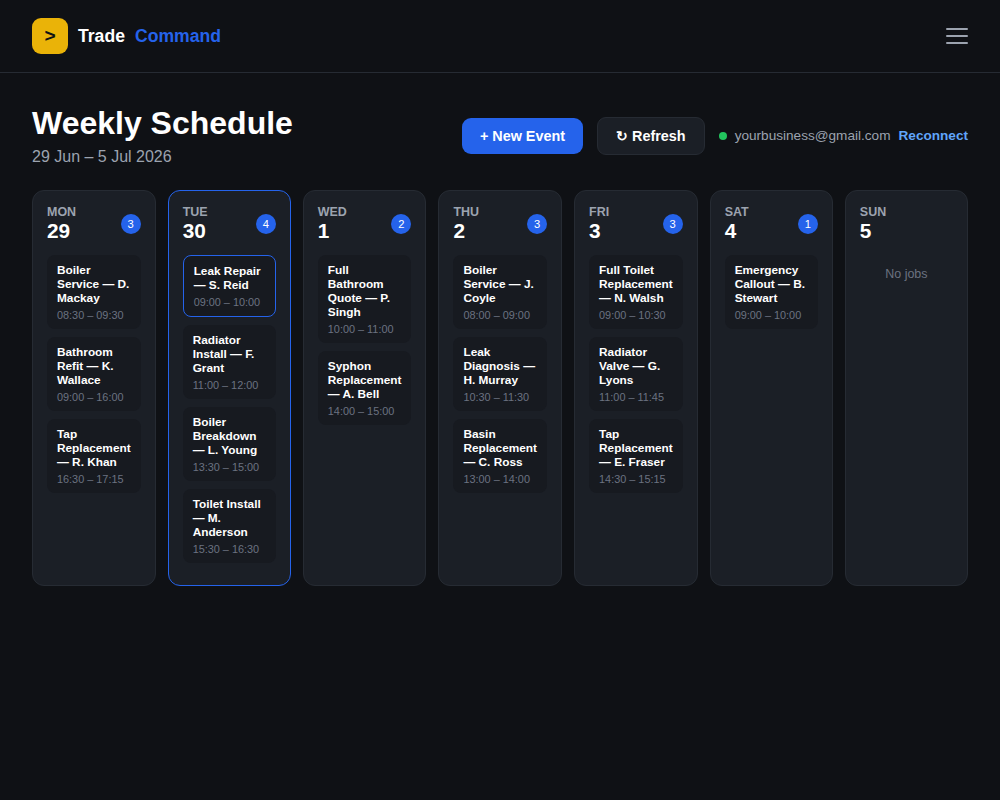 Weekly schedule synced with Google Calendar